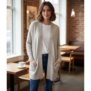 Vince Wool Cashmere Rib Trim Open Cardigan Sweater Heather Grey Soft Ivory XS